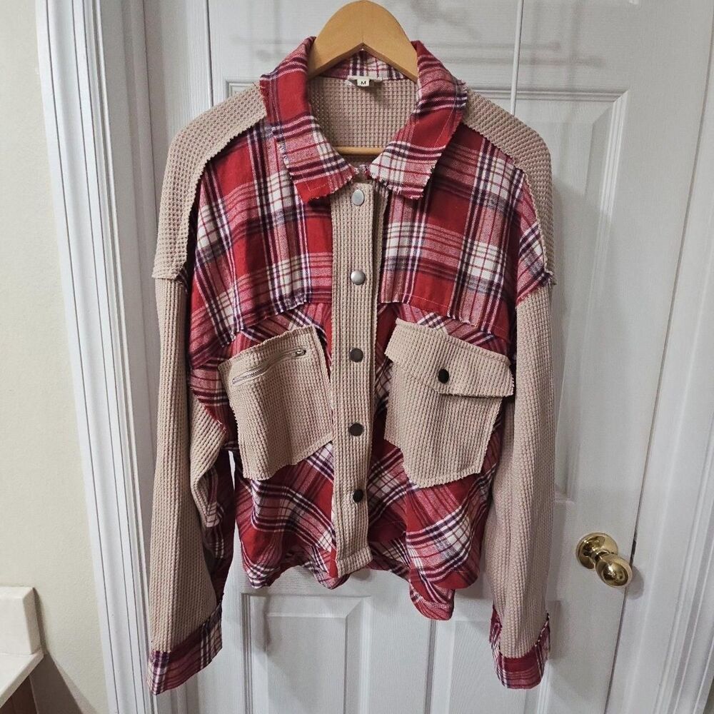 POL Plaid Mix N Match Jacket Size M Red Beige Thermal Shacket